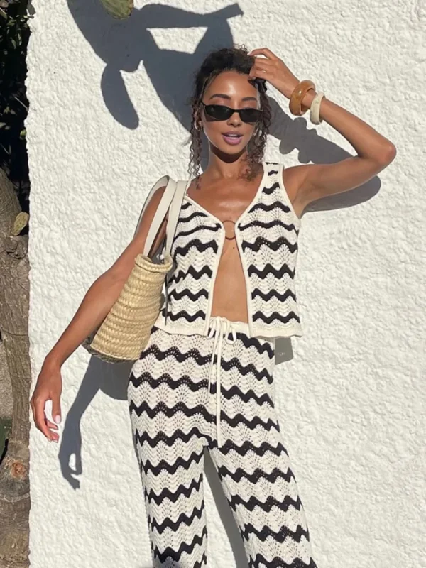 2025 Wave Striped Knit 2 Piece-Set Women's Fashion Top Lace-up Long Pant Knitwear Sets Holiday Swimsuit Cover Up Outfits K130 - Image 2