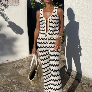 2025 Wave Striped Knit 2 Piece-Set Women's Fashion Top Lace-up Long Pant Knitwear Sets Holiday Swimsuit Cover Up Outfits K130