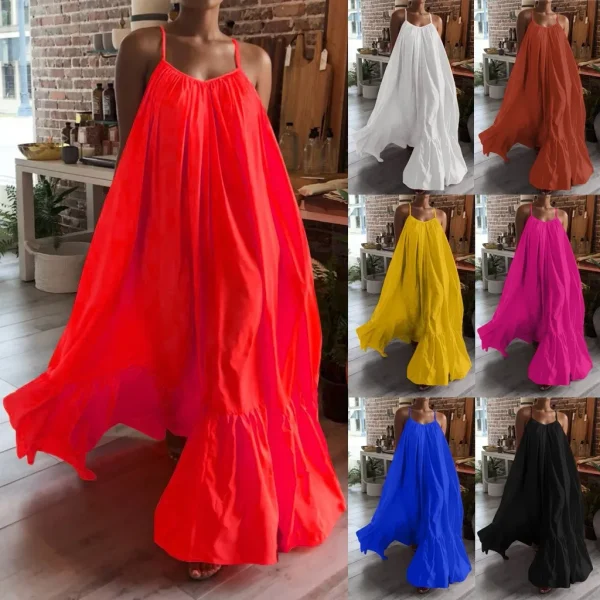 Spring Dress For Women Sexy Solid Strap Dress Pocket Loose Backless Big Swing Dresses Holiday Dresses For Women Wedding Guest - Image 2