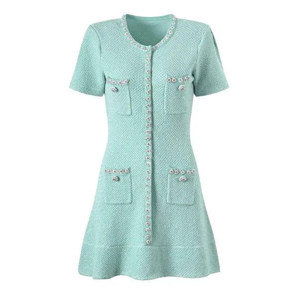 Luxury Designer Summer Autumn Diamond Sequin Knitted Dress For Women Ruffle Edge Beading Short Evening Party Dresses Green - Image 2