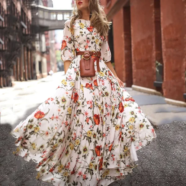 Spring Autumn Vintage Flower Floral Print Maxi Dress Office Lady Fashion Mujer Elegant Long Sleeve O-neck Dresses For Women 2023