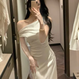 Summer French Slim Dress Women Casual Sleeveless Slant Shoulder Dress Evening Party Elegant One Piece Dress Korean Fashion