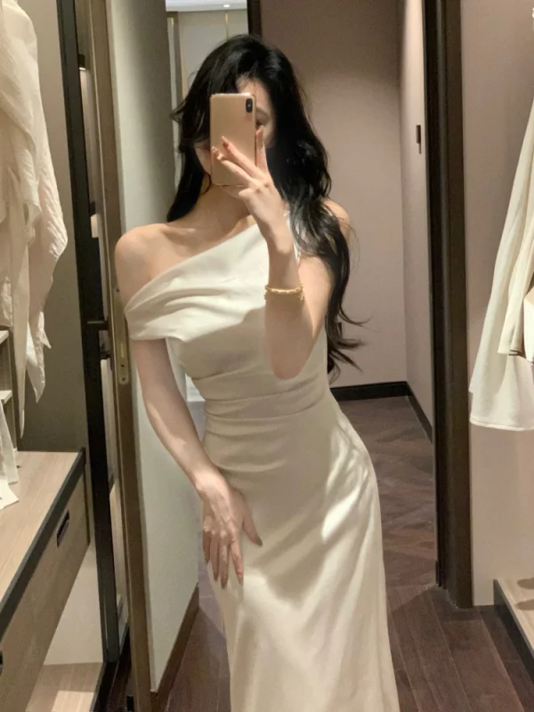 Summer French Slim Dress Women Casual Sleeveless Slant Shoulder Dress Evening Party Elegant One Piece Dress Korean Fashion
