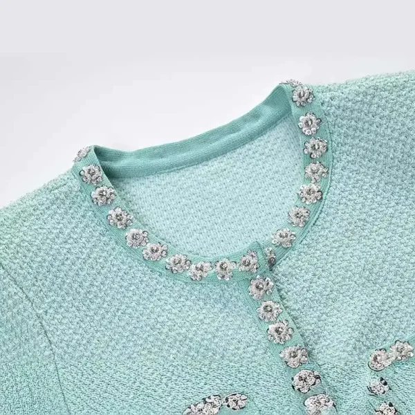 Luxury Designer Summer Autumn Diamond Sequin Knitted Dress For Women Ruffle Edge Beading Short Evening Party Dresses Green - Image 4