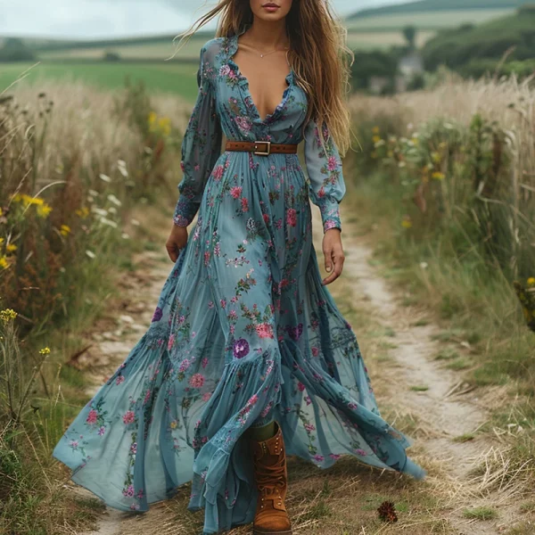 Vintage Pattern Printed High Waist Robe Dress Casual Women V-neck Pleated Bohemian Dress 2024 Autumn Long Sleeved Pleated Dress - Image 6