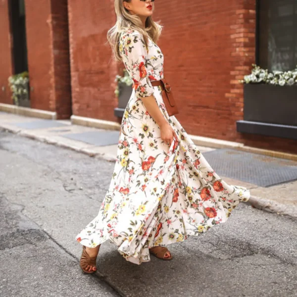 Spring Autumn Vintage Flower Floral Print Maxi Dress Office Lady Fashion Mujer Elegant Long Sleeve O-neck Dresses For Women 2023 - Image 3