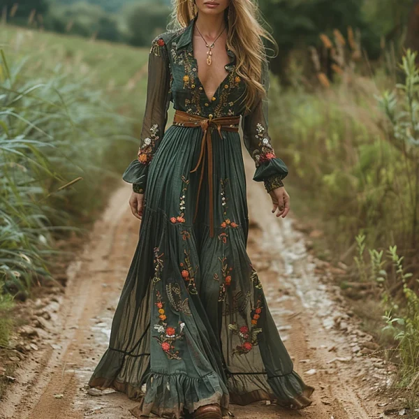 Vintage Pattern Printed High Waist Robe Dress Casual Women V-neck Pleated Bohemian Dress 2024 Autumn Long Sleeved Pleated Dress - Image 4