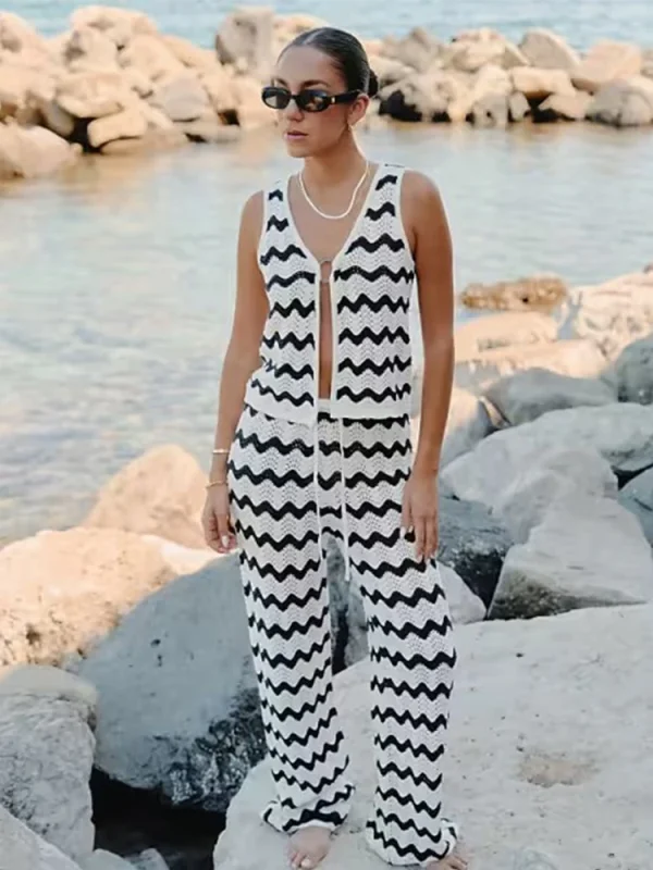 2025 Wave Striped Knit 2 Piece-Set Women's Fashion Top Lace-up Long Pant Knitwear Sets Holiday Swimsuit Cover Up Outfits K130 - Image 5