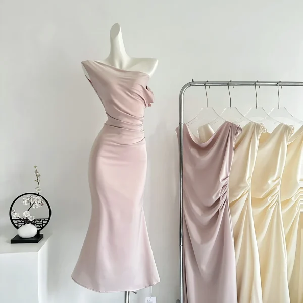 Summer French Slim Dress Women Casual Sleeveless Slant Shoulder Dress Evening Party Elegant One Piece Dress Korean Fashion - Image 3