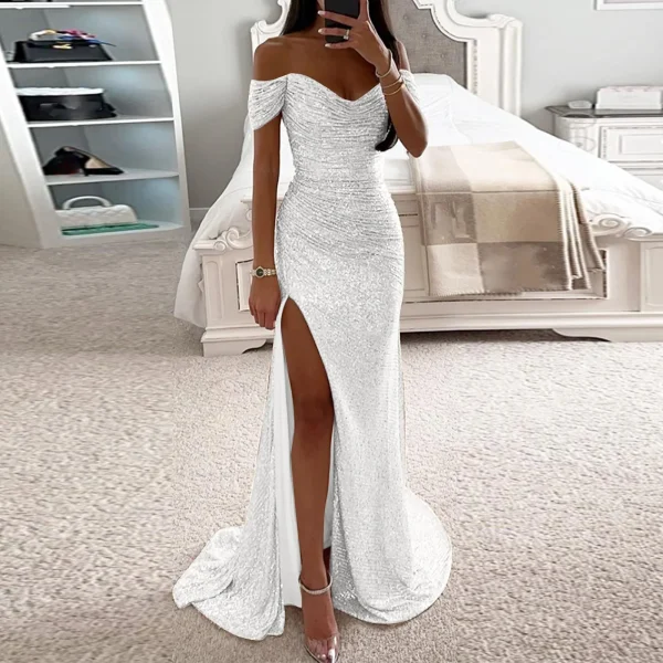 Women Off Shoulder Prom Dresses Elegant Sequin Solid Evening Party Dresses Ladies Luxury Wrap Split Sequined Maxi Formal Dress - Image 2